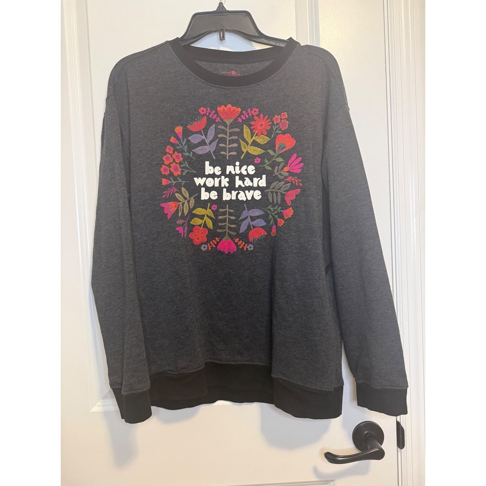 Natural Life Sweatshirt Womens M Gray Excellent Be Nice Graphic Floral Boho